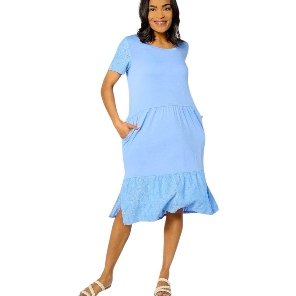 Cuddl Duds Classic Jersey Eyelet Tiered Dress Blue Loungewear Summer Chic